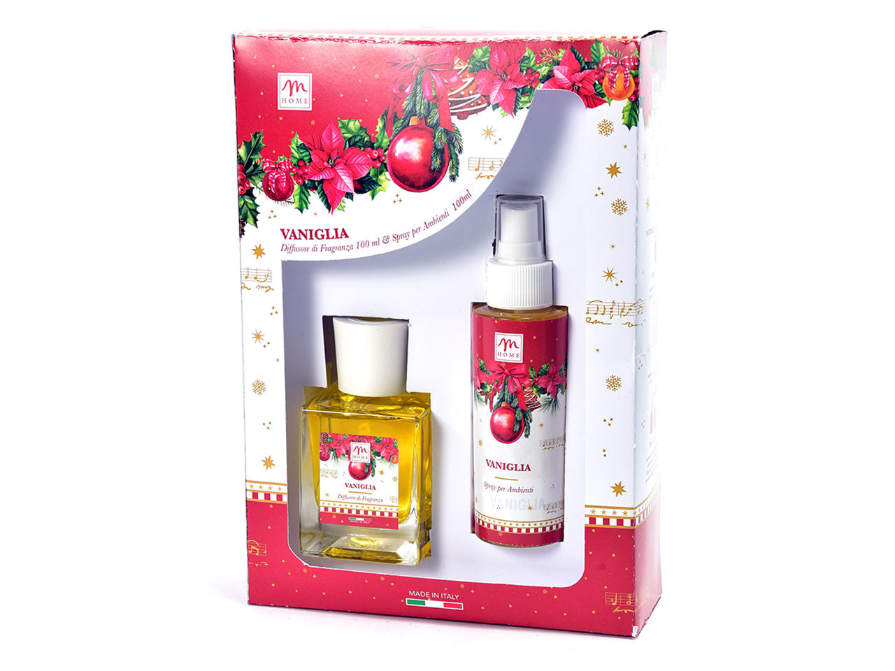 Christmas dream in set da 2, diffusore di essenza 100ml e spray 100ml fragranza vaniglia con bacchette in cotone in scatola regalo
