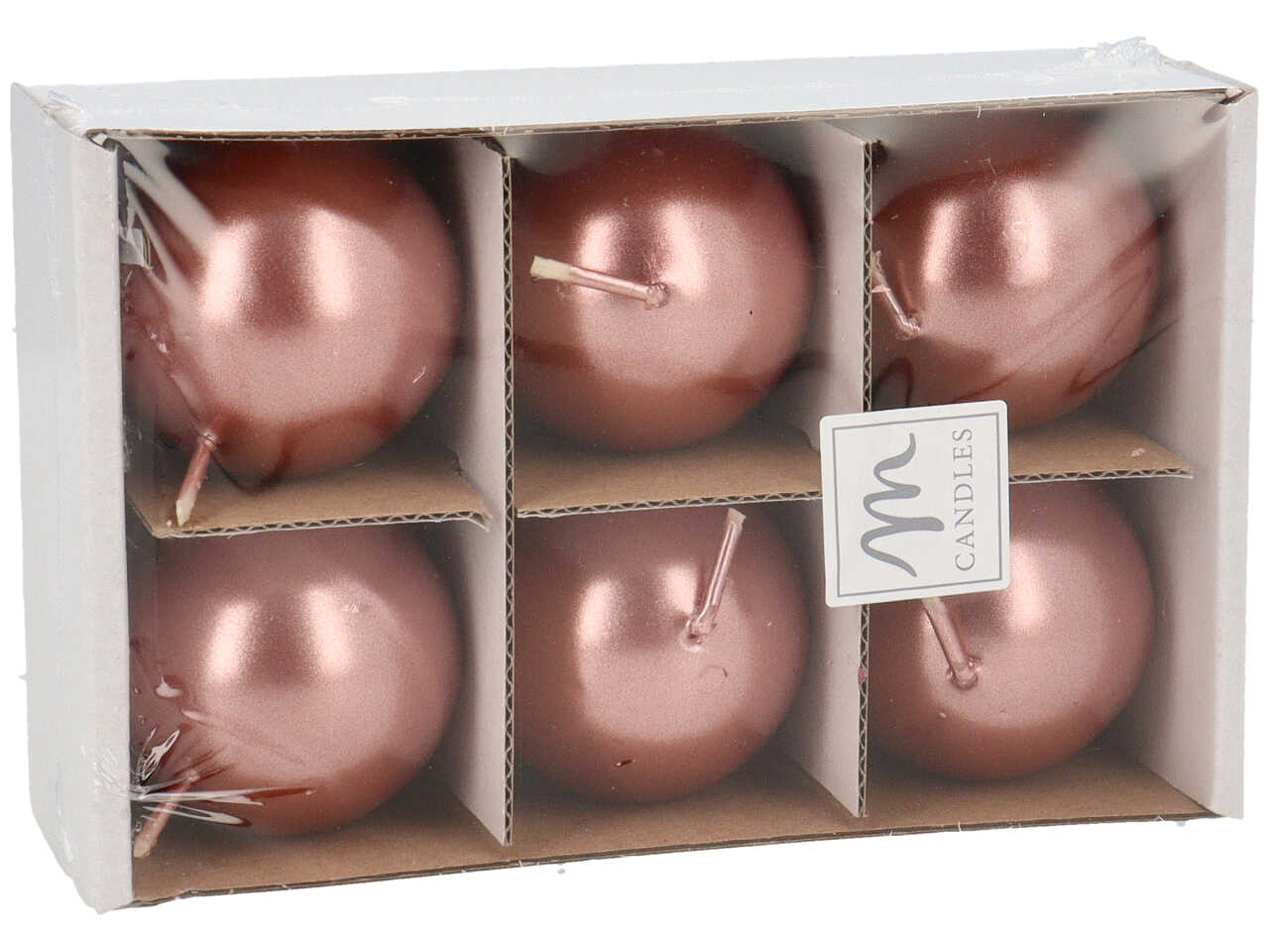 Candele natalizie sfera in cera linea lucid - set da 6 candele colore rose gold misura d.4,5cm in scatola bianca
