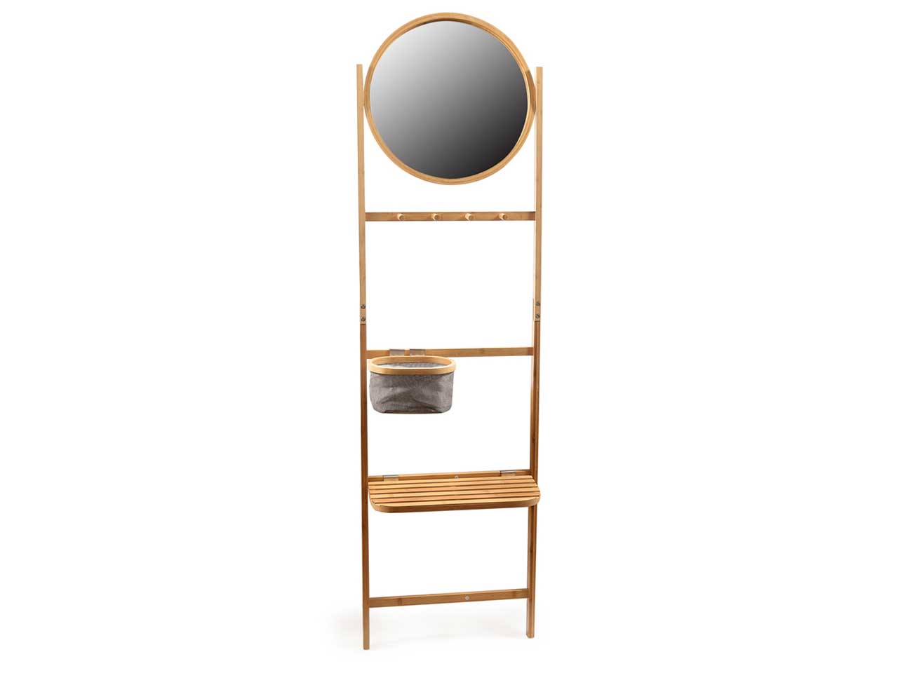Stand in bambu' da appoggio con specchio, mensola e cestino misura h.172x49x18cm