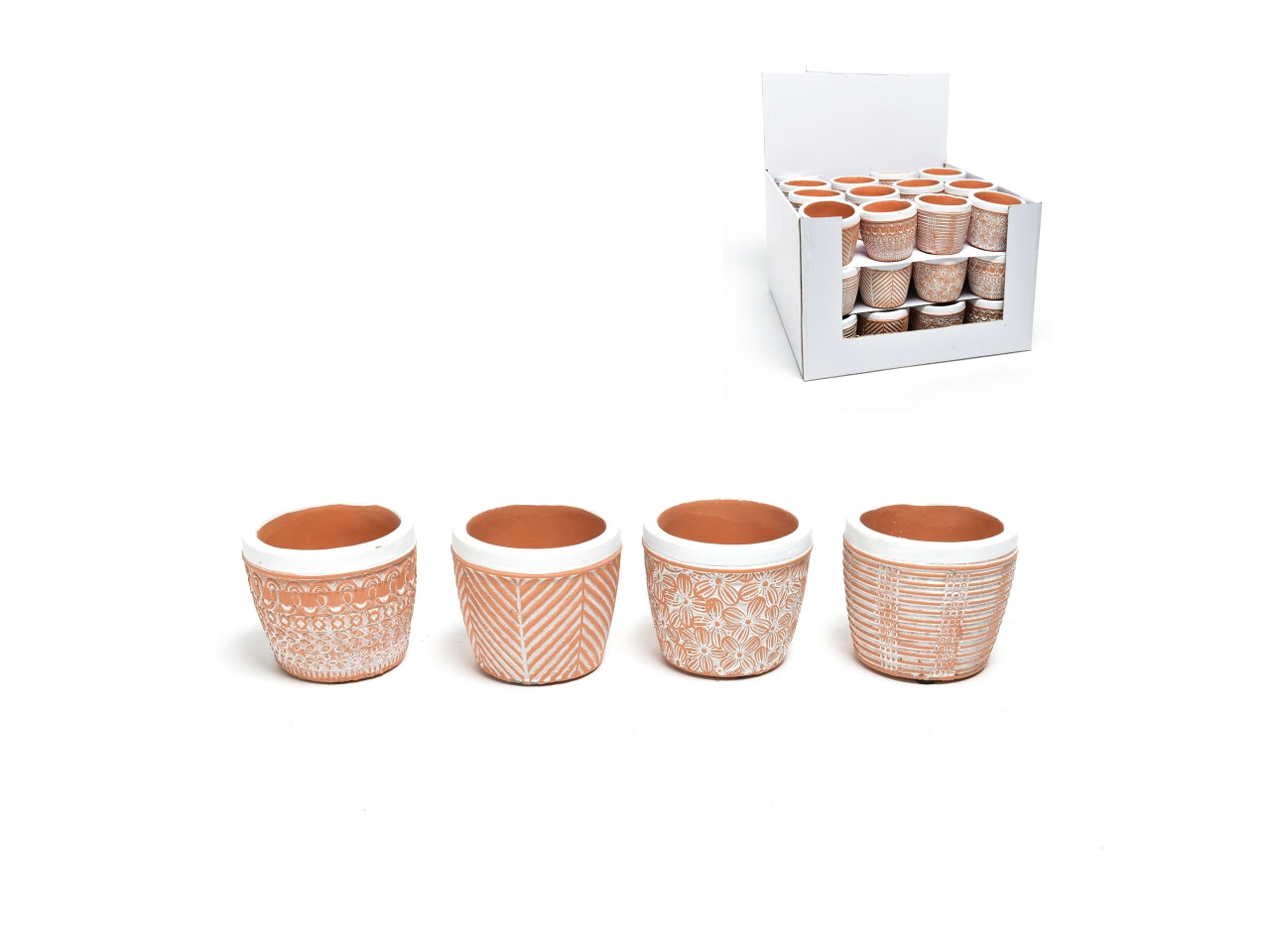 Portavaso pianta in terracotta naturale forma cilindrica con lavorazione floreale a rilievo per uso interno 8x6,5 cm - M Home