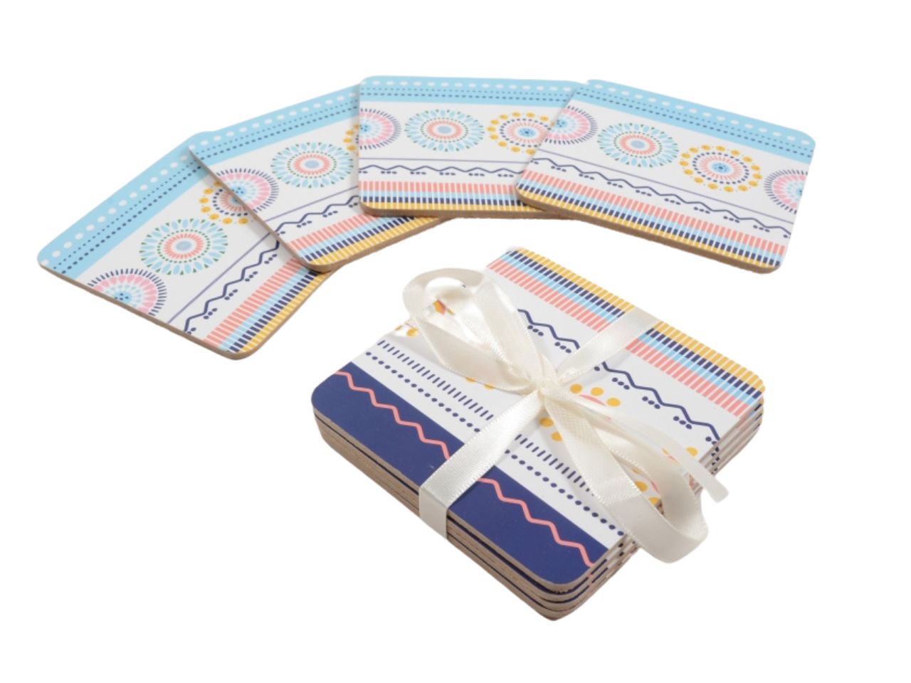 Sottobicchieri in mdf e sughero stile etnico multicolor, confezione da 10x10 cm - M Home