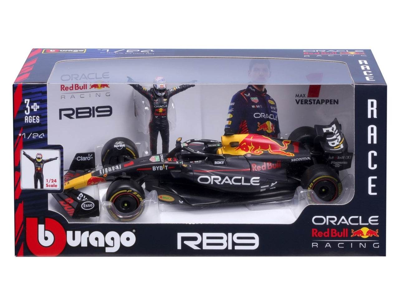 Modellino Auto F1 Red Bull Racing RB19 2023 #1 con Figura di Verstappen - Scala 1:24: Die-cast Nero, Dettagli Realistici, Licenza Ufficiale Red Bull, Dimensioni 12,7x12,7x28 cm, EtÃ  3+ - Bburago