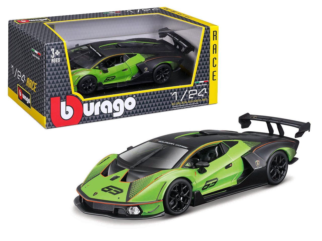 Modellino Auto Lamborghini Essenza SCV12 Race - Scala 1:24: Die-cast Verde e Nero, Licenza Ufficiale Lamborghini, Dettagli Realistici, Dimensioni 10,2x12,45x24,2 cm, EtÃ  3+ | Bburago