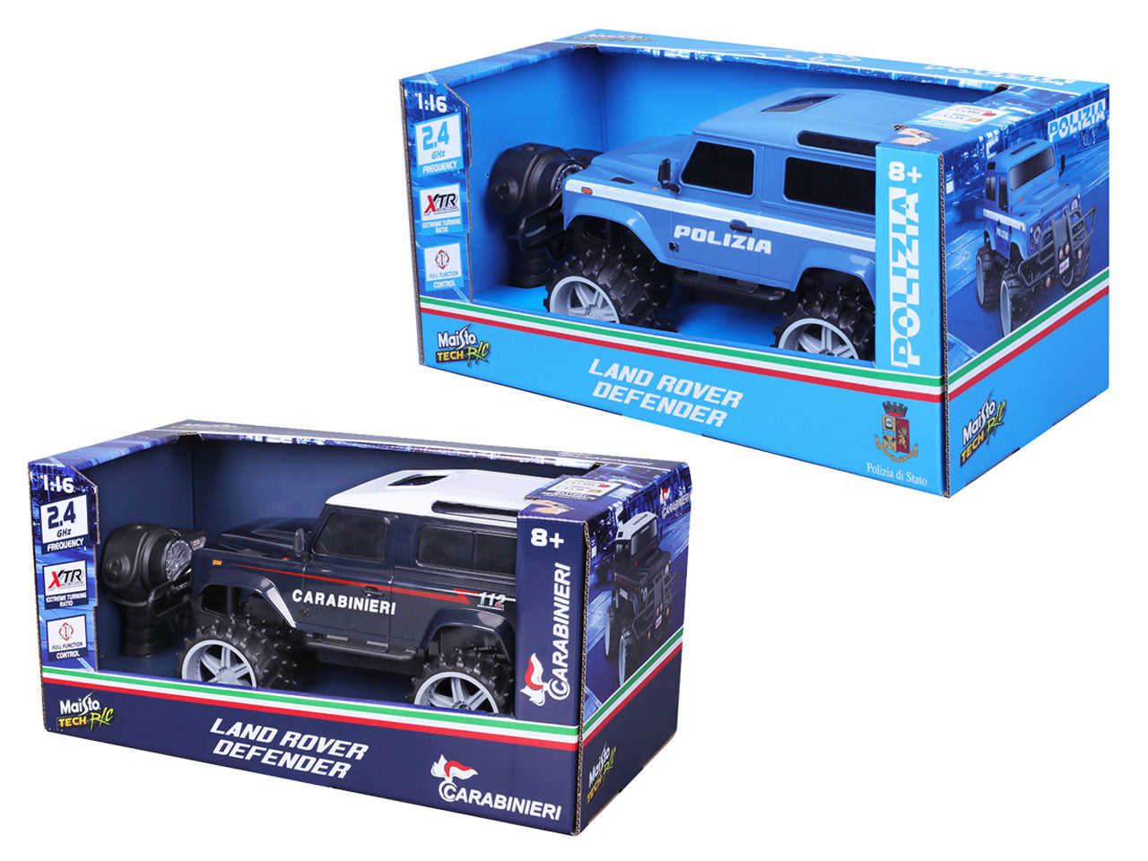 Auto Radiocomandata Land Rover Defender con Luci 2,4GHz Carabinieri/Polizia/Vigili del Fuoco - Scala 1:16 Modelli Assortiti: Die-cast Blu e Bianco, Azzurro e Bianco, Dettagli Realistici, Dimensioni 19,1x19,1x39,4 cm, EtÃ  8+ | Maisto Tech