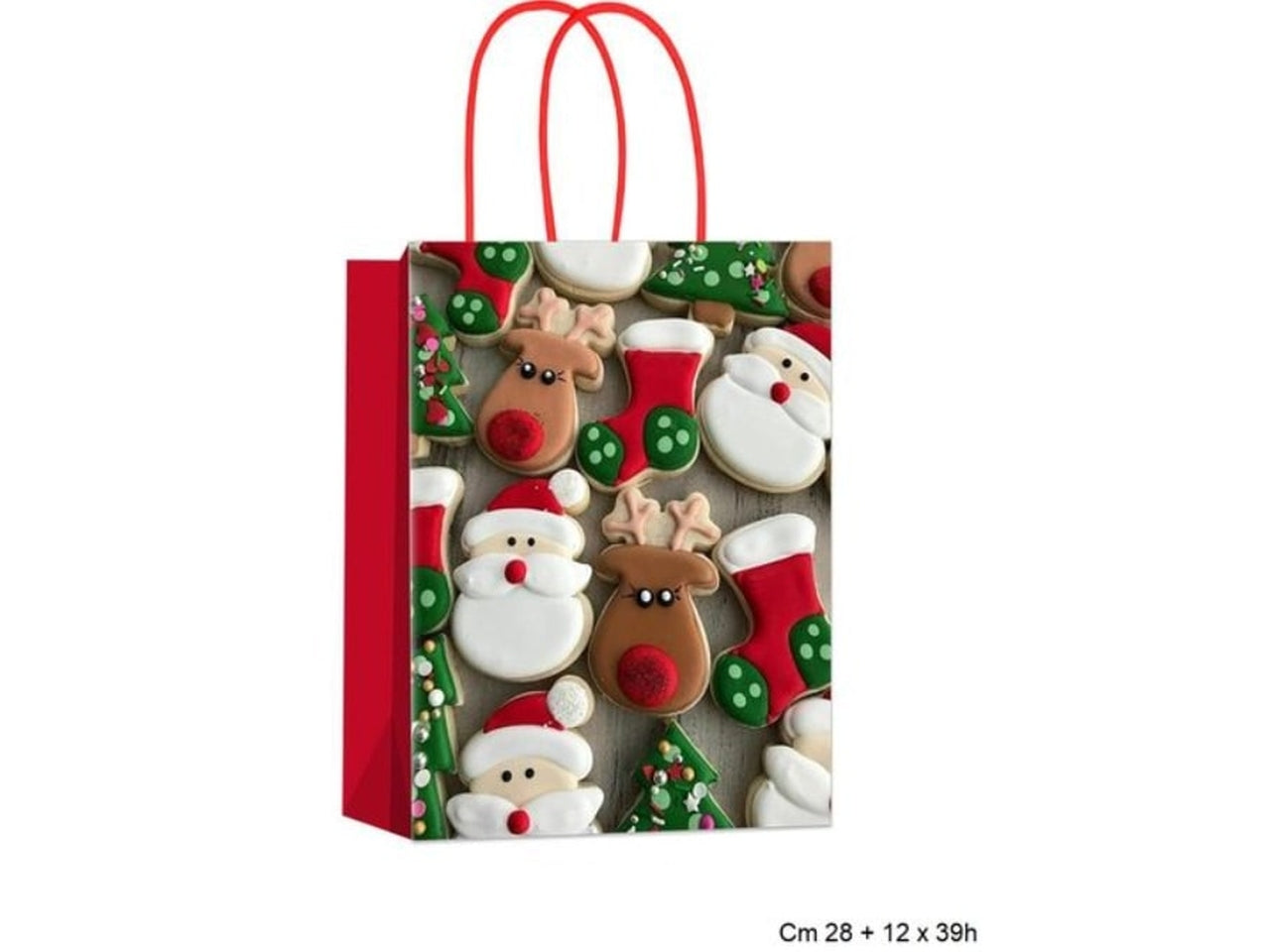 Busta natalizia regalo rosso verde e marrone in carta 28+12x39 cm - Fiocchetta