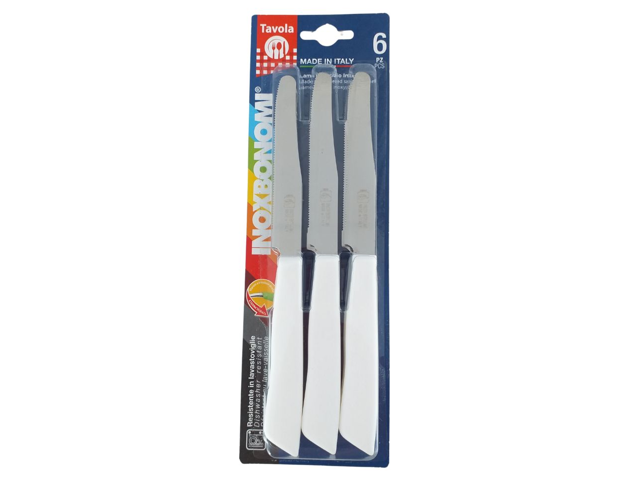 Set 6 coltelli da tavola colore bianco con lama in acciaio inossidabile e manico in plastica - Inoxbonomi