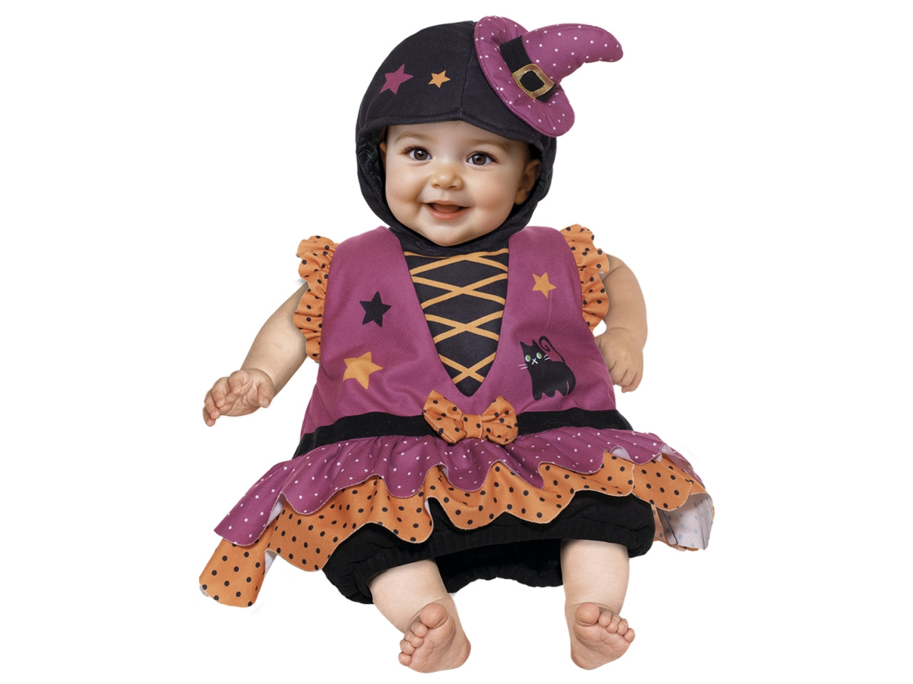 Costume bambina streghetta a saccotto 6/12 mesi nero, viola e arancione - Carnaval Queen