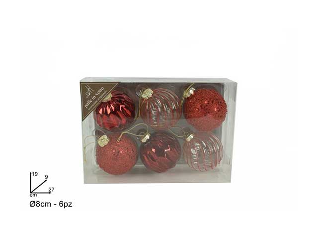 Palline natalizie rosso in vetro diametro 8cm - 6 pezzi