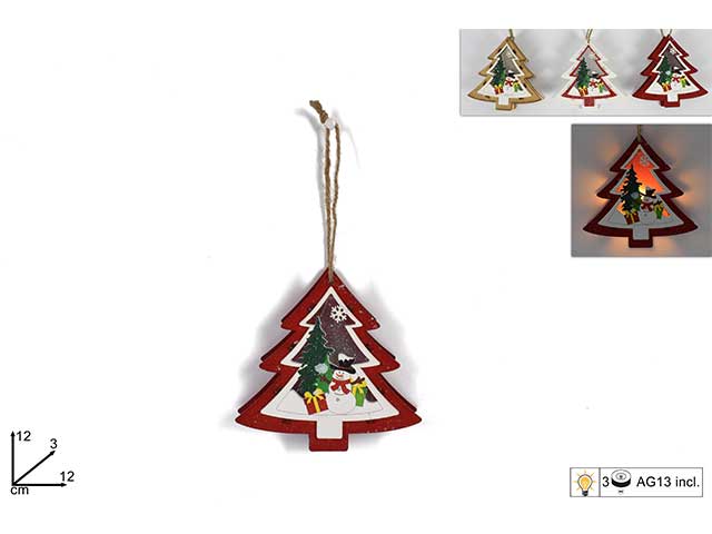 Pendente natalizio albero con luce in legno 12cm