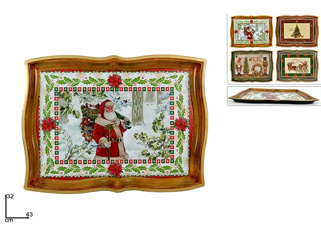 Vassoio in plastica 43x32cm effetto legno decoro natalizio in 3 assortimenti