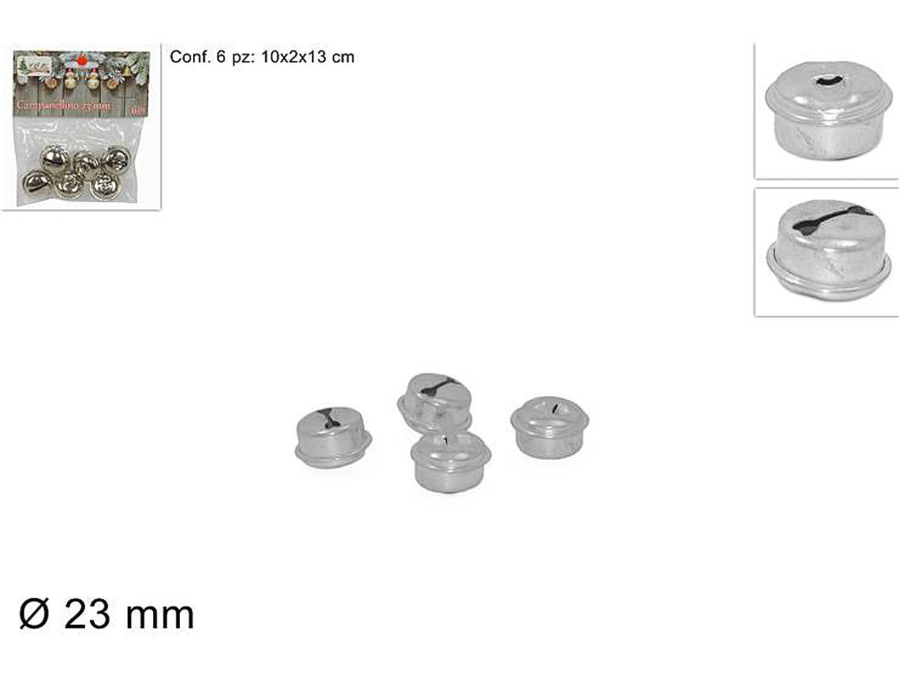 Pendente natalizio campanellino argento 23mm - 6 pezzi