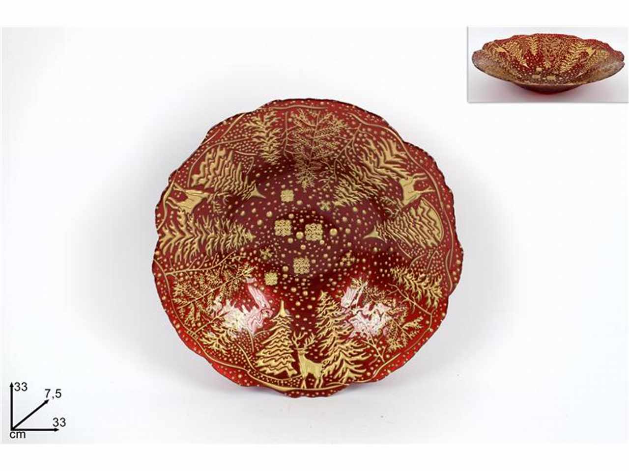 Centrotavola vetro natalizio 33cm rosso decoro oro