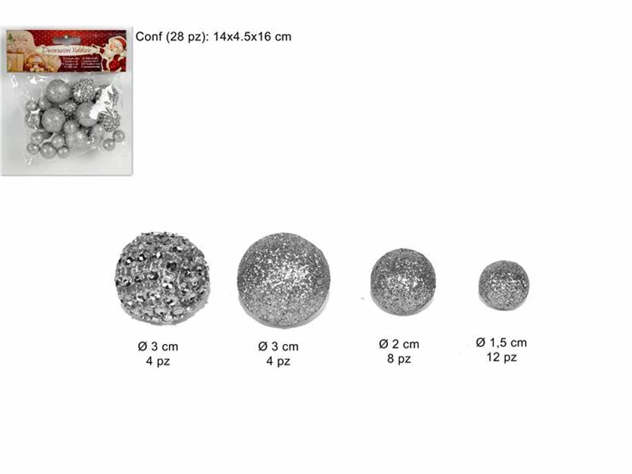 Palline 28 pezzi glitterate con strass silver misure assortite