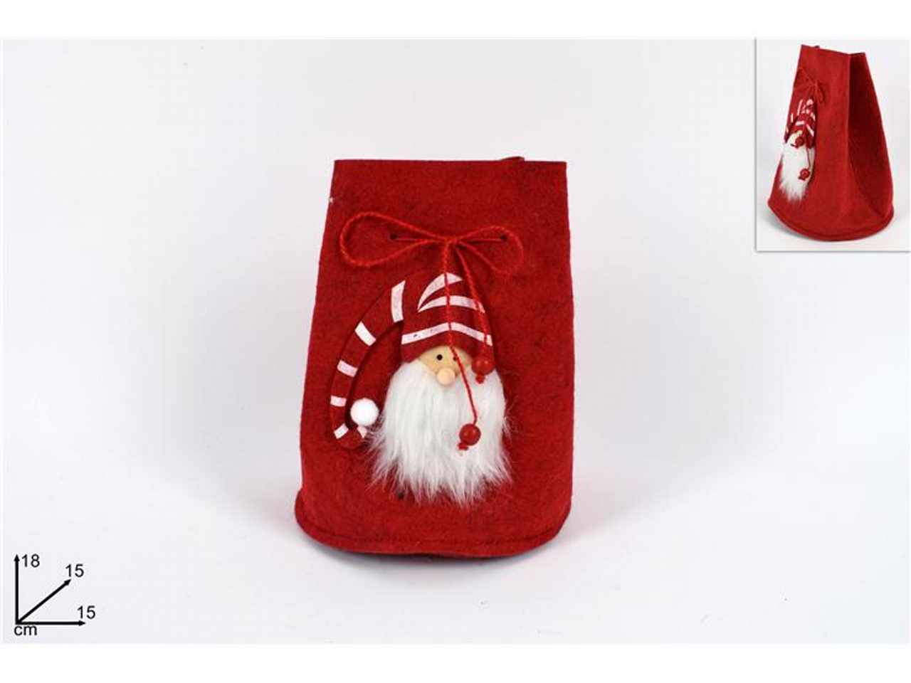 Sacchetto feltro rosso 18cm con viso gnomo di natale