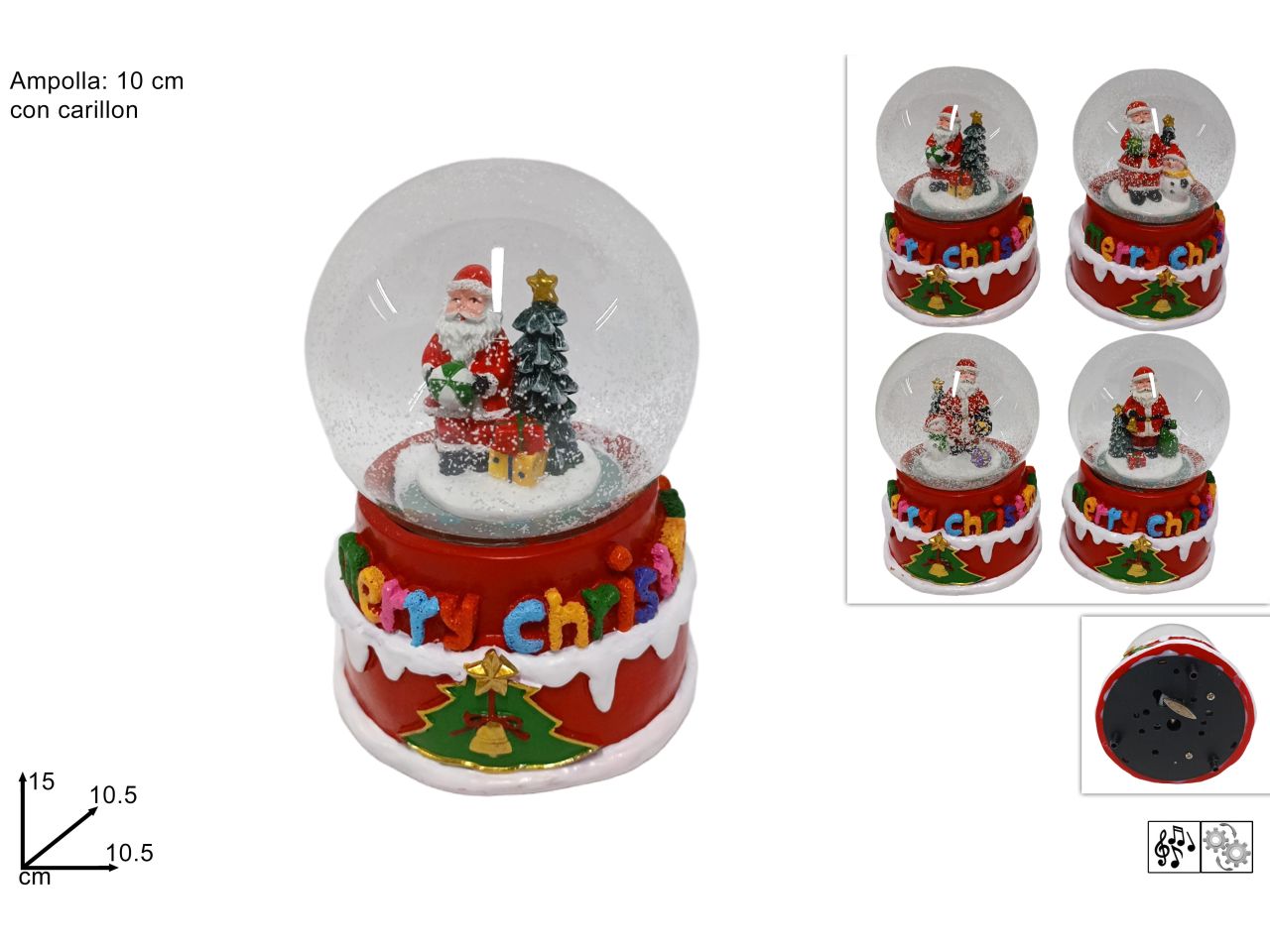 Ampolla 10cm con carillon e babbo natale in 4 assortimenti