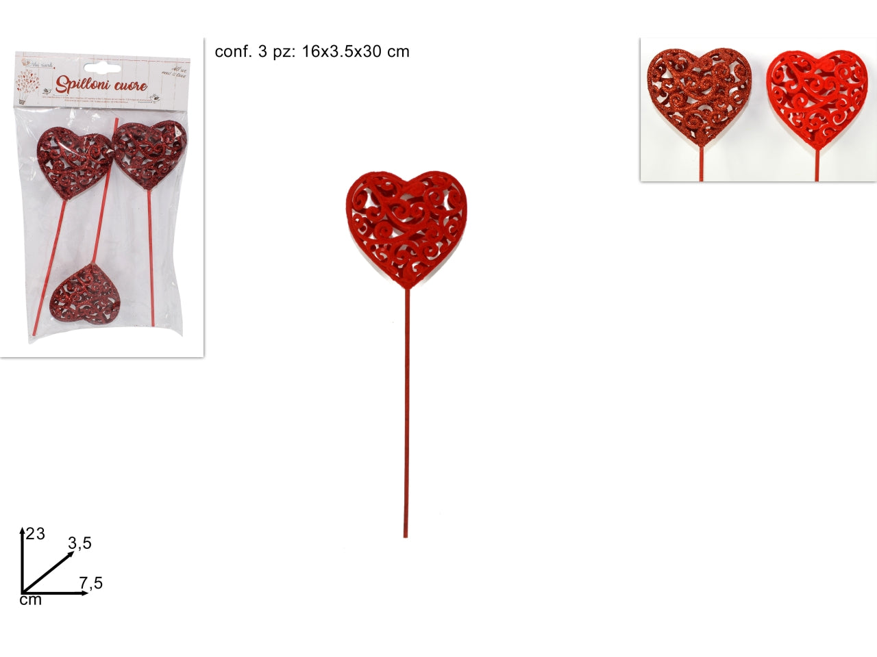 Spilloni cuore glitterato e floccato il set comprende 3 spilloni