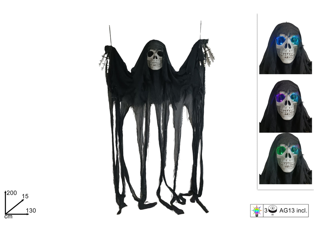 Scheletro 130xh.200cm con vestito in juta nero e occhi luminosi a battreia