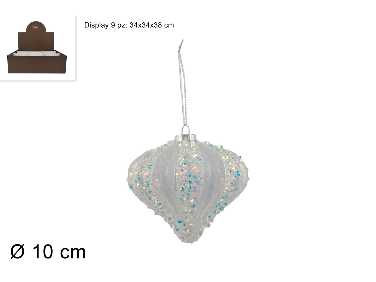Palla in vetro a goccia 10cm trasparente con fili laminati