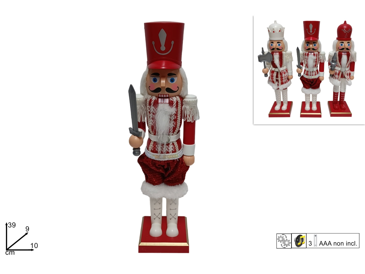 Schiaccianoci 39cm rosso/bianco con movimento e musica in 3 assortimenti
