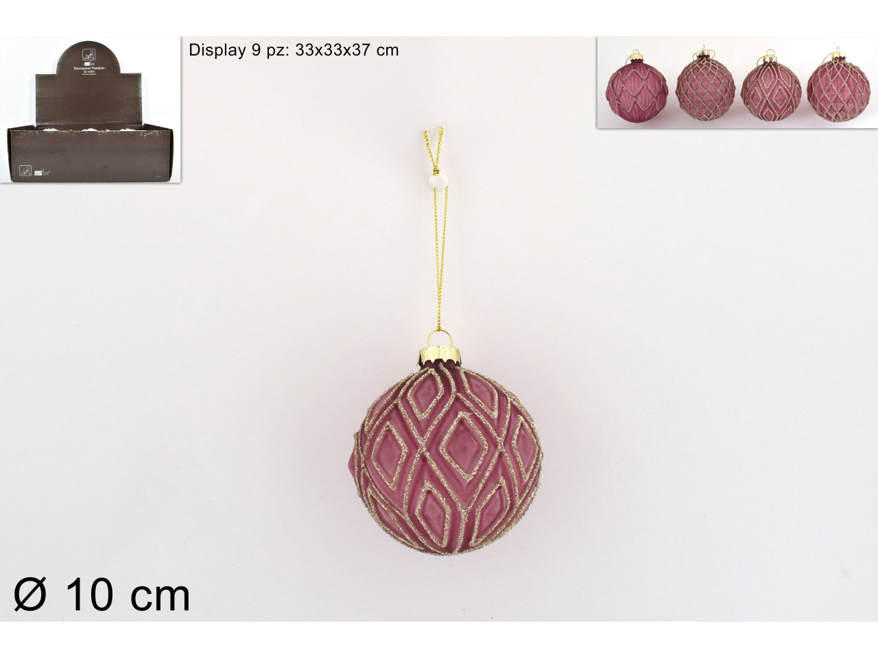 Palla di natale in vetro 10cm bordeaux con decori glitter oro