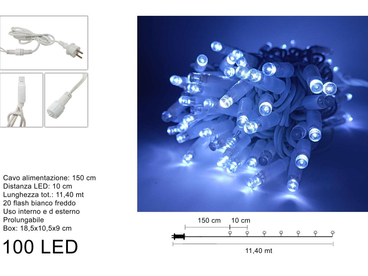 Luccioloni 100 led 20 led flash biancofreddo prolungabile filo bianco
