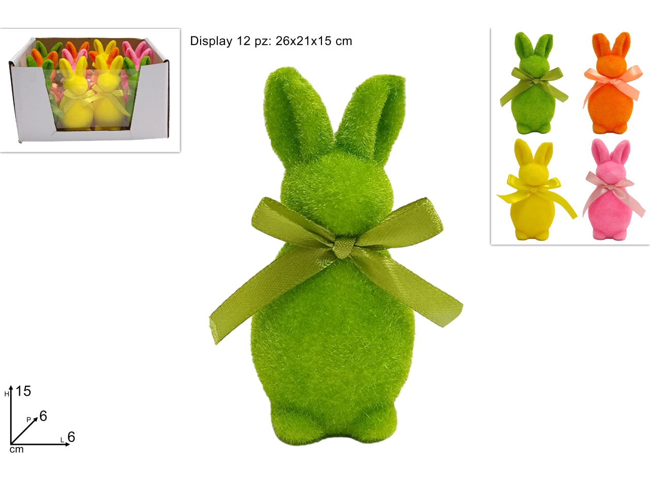Coniglio floccato 15cm con fiocco in 4 colori assortiti