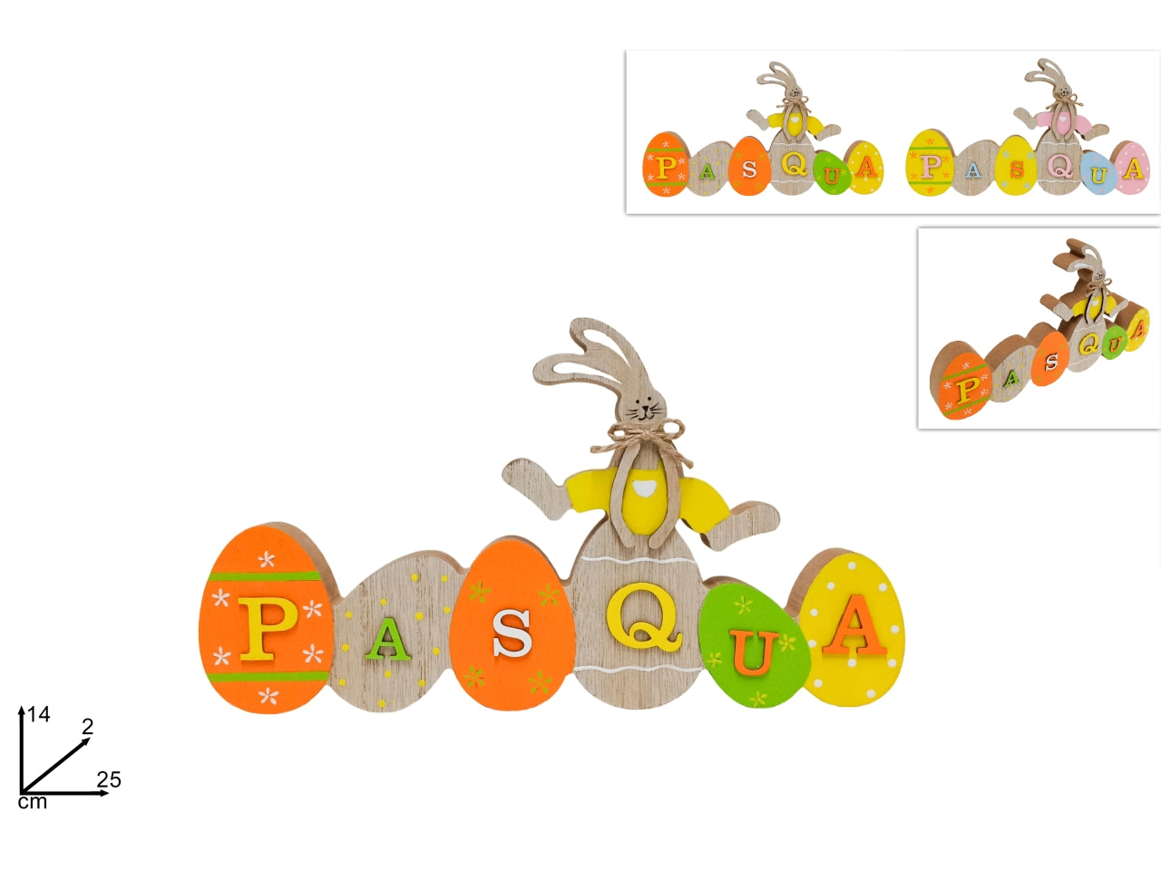Decorazione legno scritta pasqua con coniglio 14x2x25cm