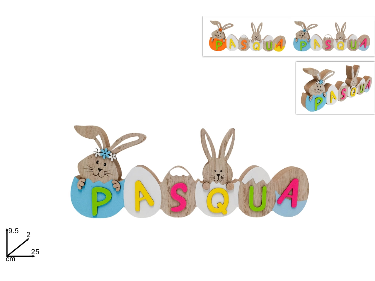 Decorazione legno scritta pasqua con viso conigli 9,5x2,25cm