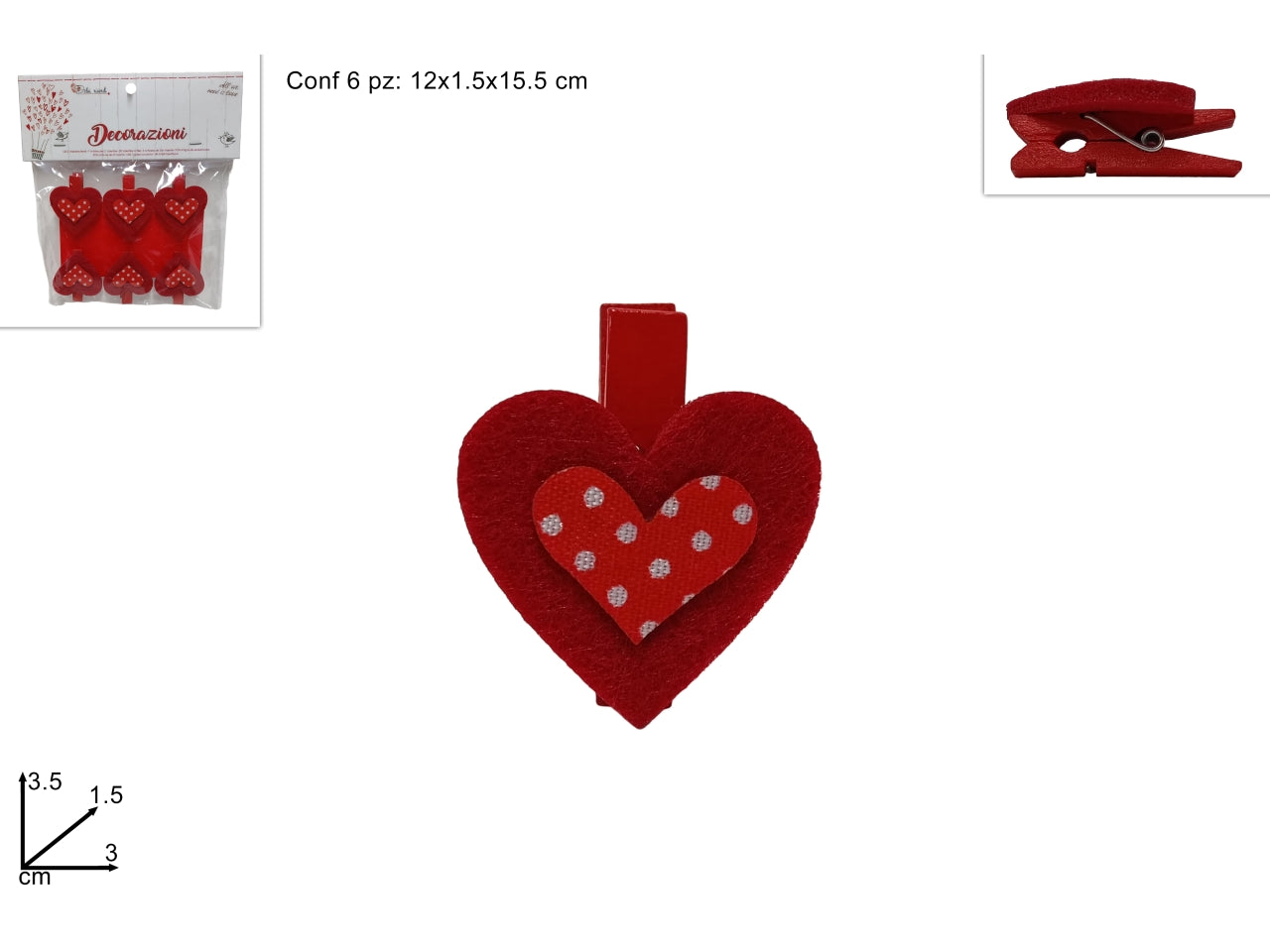 Mollette cuore feltro - confezione da 6 mollette