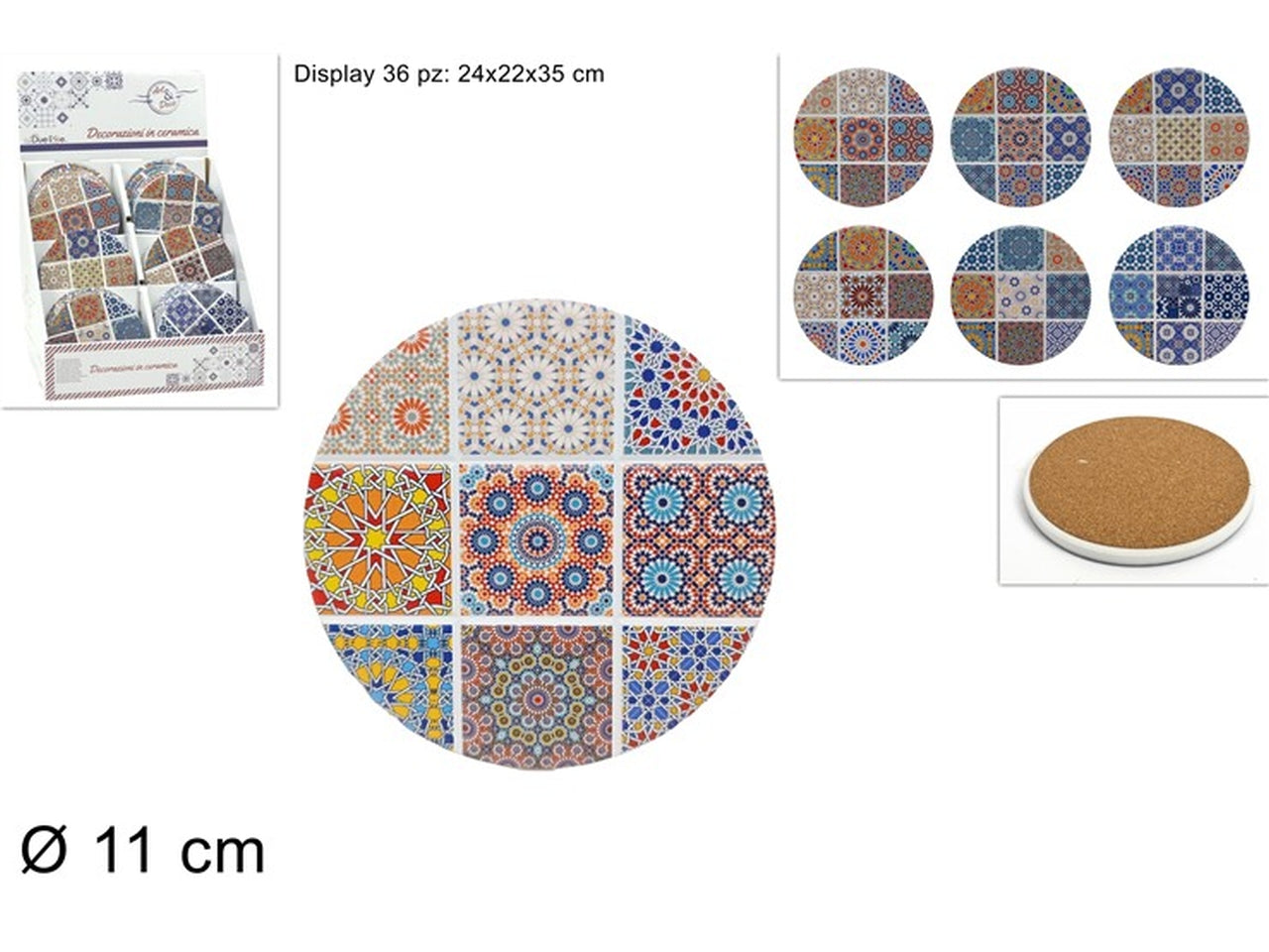 Sottobicchiere in ceramica con base sughero 11cm in vari assortimenti