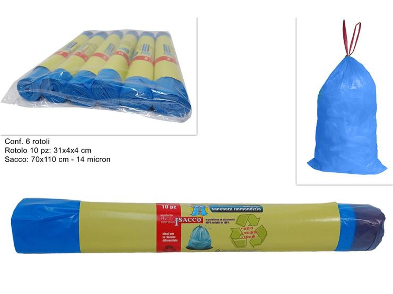 Sacchi rifiuti legafacile in plastica blu, confezione da 10 - 70x110cm - Due Esse