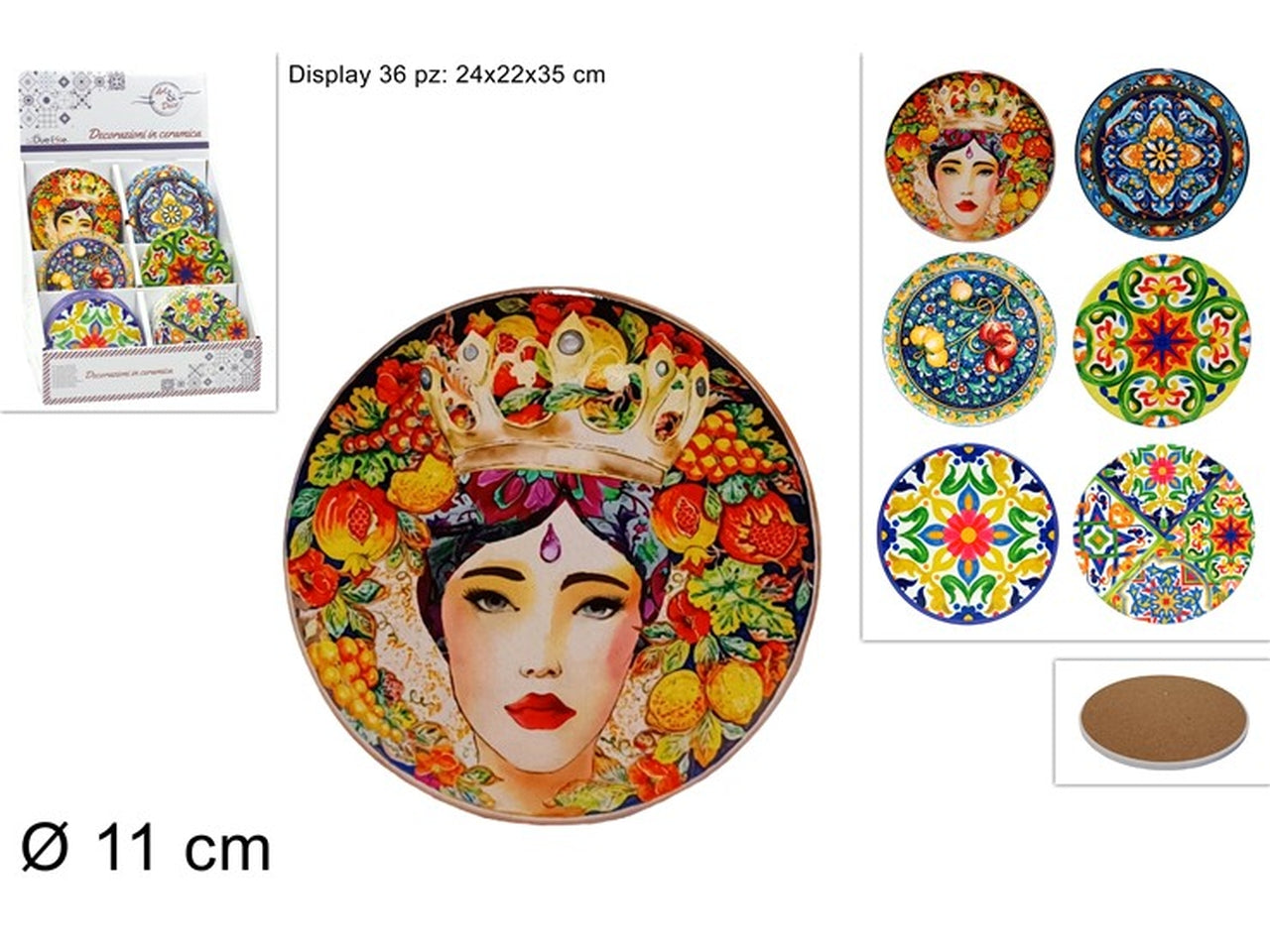 Sotto bicchiere tondo ceramica e sughero stile mediterraneo multicolor 11 cm - Due Esse