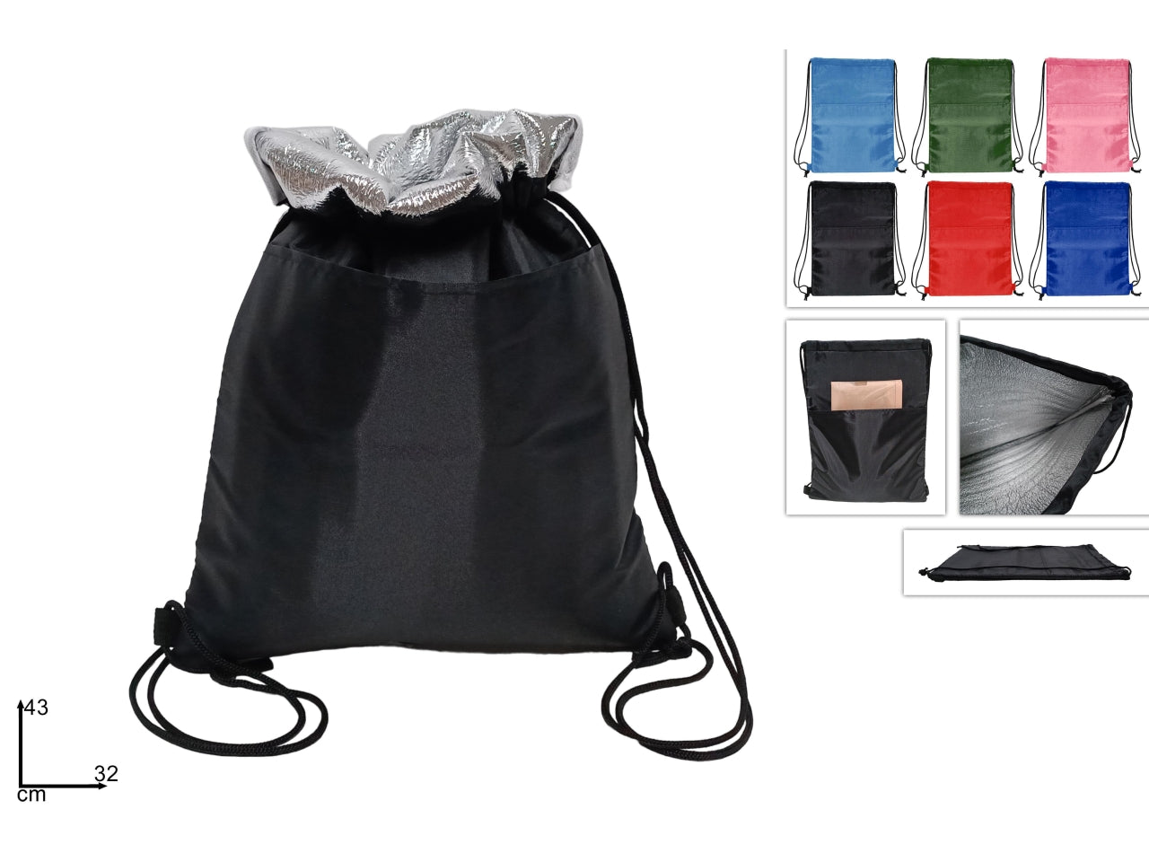 Sacca termica interno alluminio con tasca 210d in 6 colori assortiti $