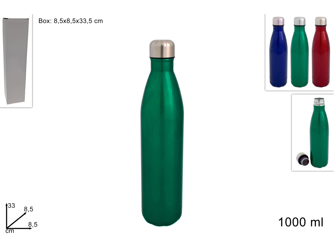 Bottiglia termica da 1000ml in acciaio inossidabile 3 colori assortiti metallizzati 33x8 cm - Welkhome