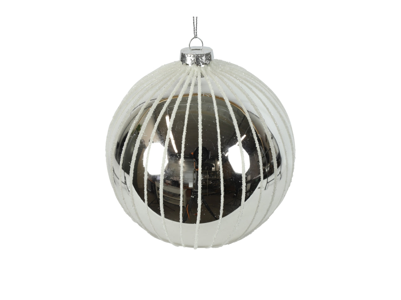 Palla di natale in vetro lucida argentata con striature verticali glitter Ã15 cm - Countryfield
