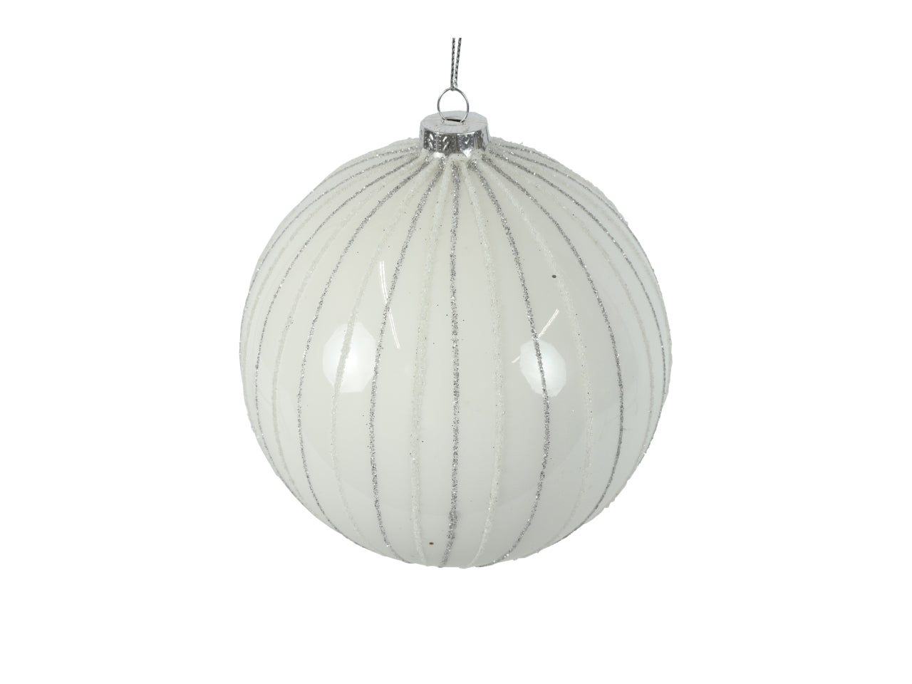 Palla di natale in vetro lucida bianca e argentata con striature verticali glitter Ã12 cm - Countryfield