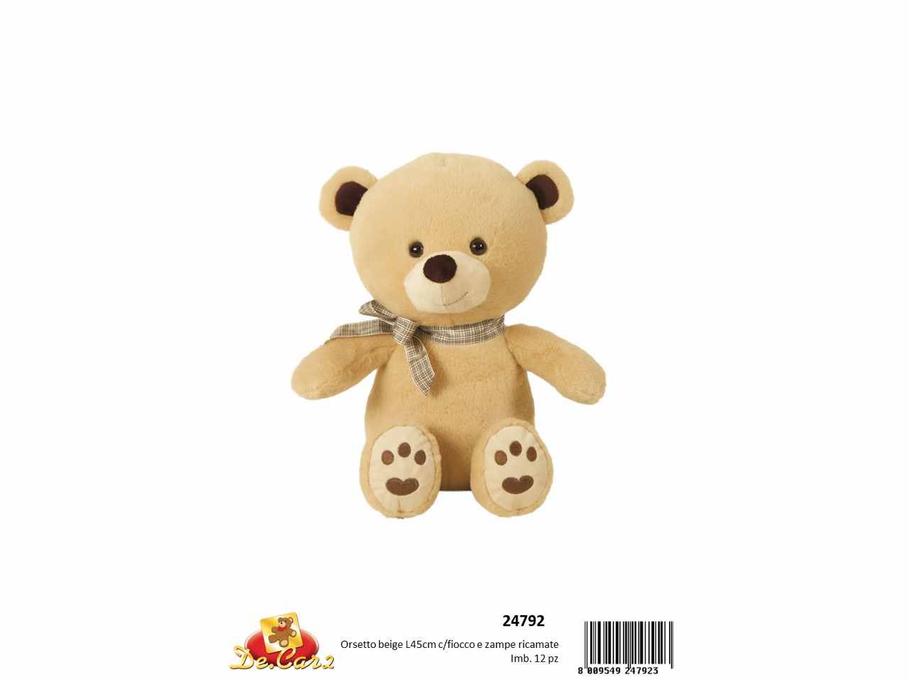 Peluche orsetto beige 45cm con fiocco e zampe ricamate