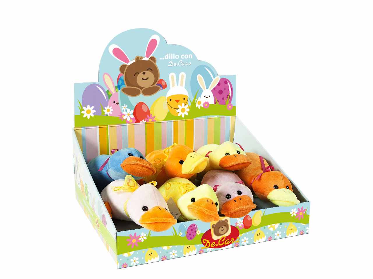 Peluche papero steso con fiocco l.25cm 4 colori assortiti