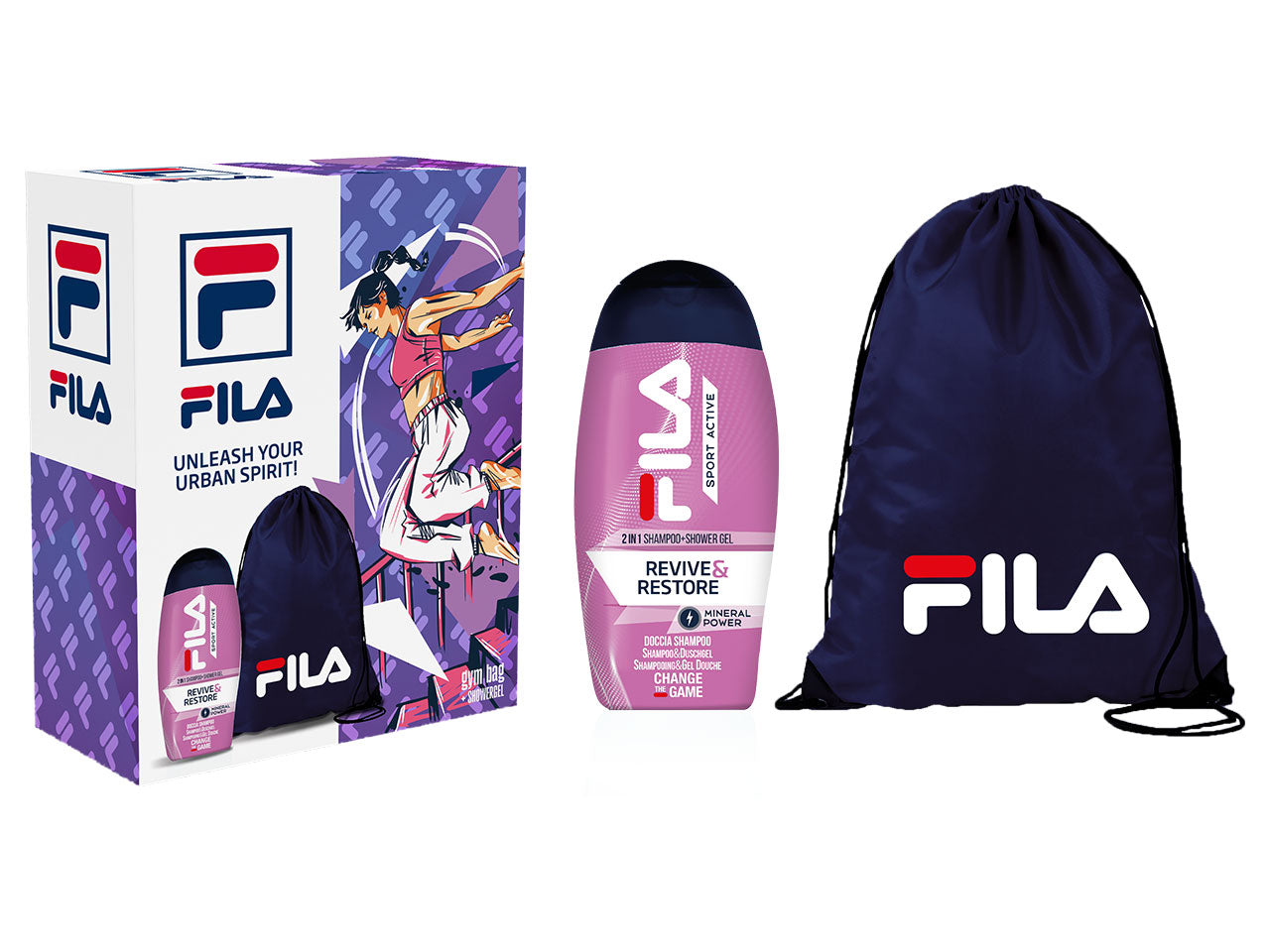 Fila donna, confezione con gel doccia revive & restore 250ml + gym bag