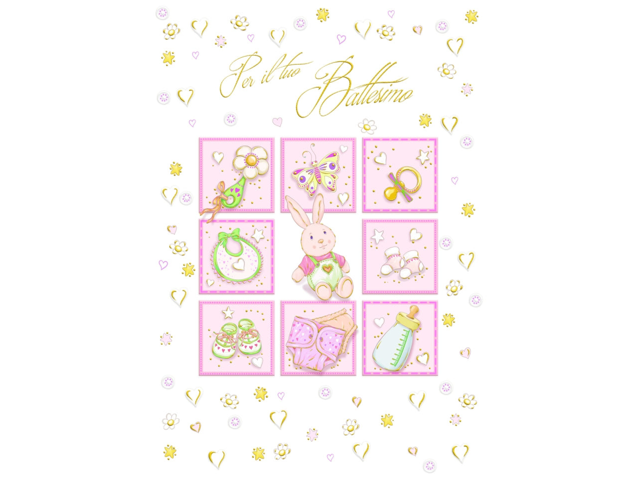 Biglietto mini felice battesimo coniglietto rosa la confezione comprende 6 biglietti