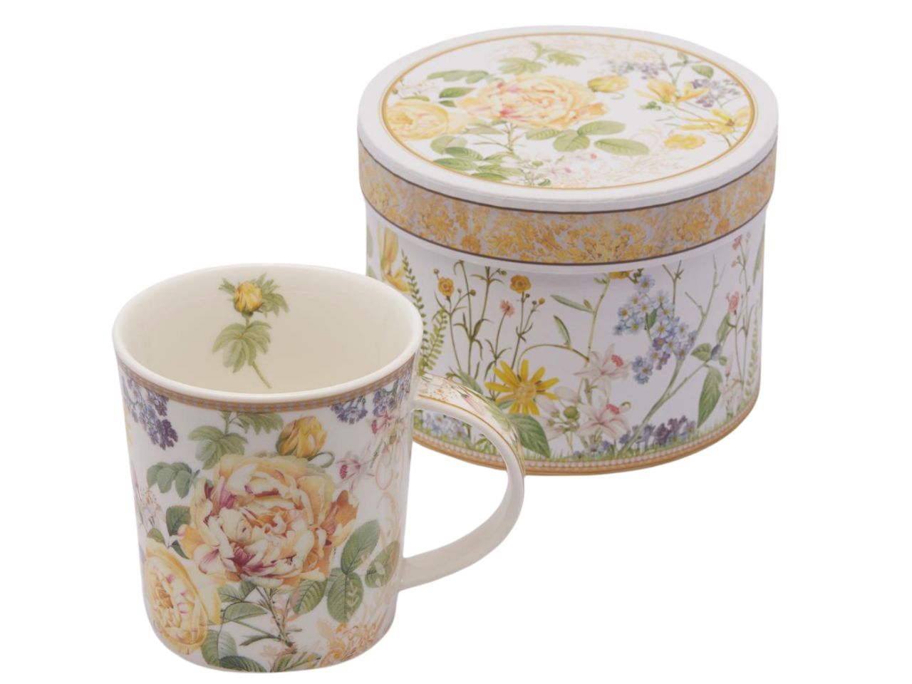 Tazza in porcellana con scatola h9,5cm gialla e bianca