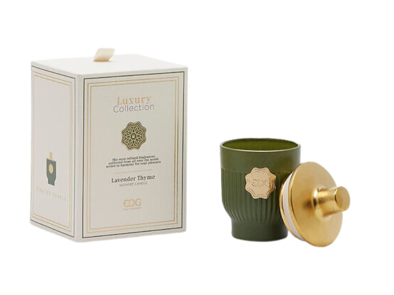 Candela Luxury, profumazione Lavander Thyme in vetro, color verde oliva e bronzo, forma cilindrica 12x7,5 cm - EDG $