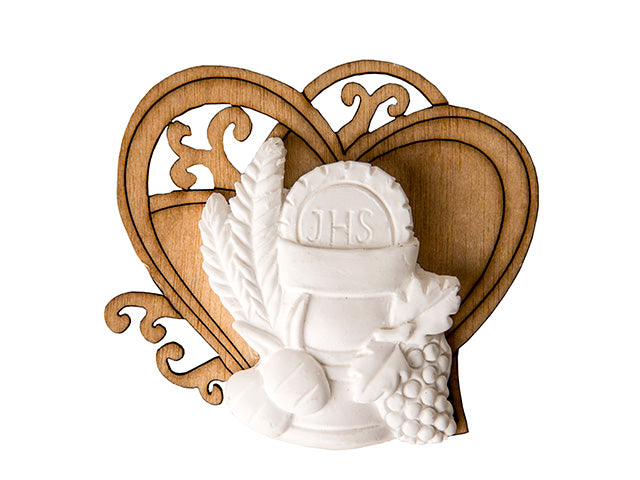 Applicazione cuore comunione 5,5cm in gesso e legno