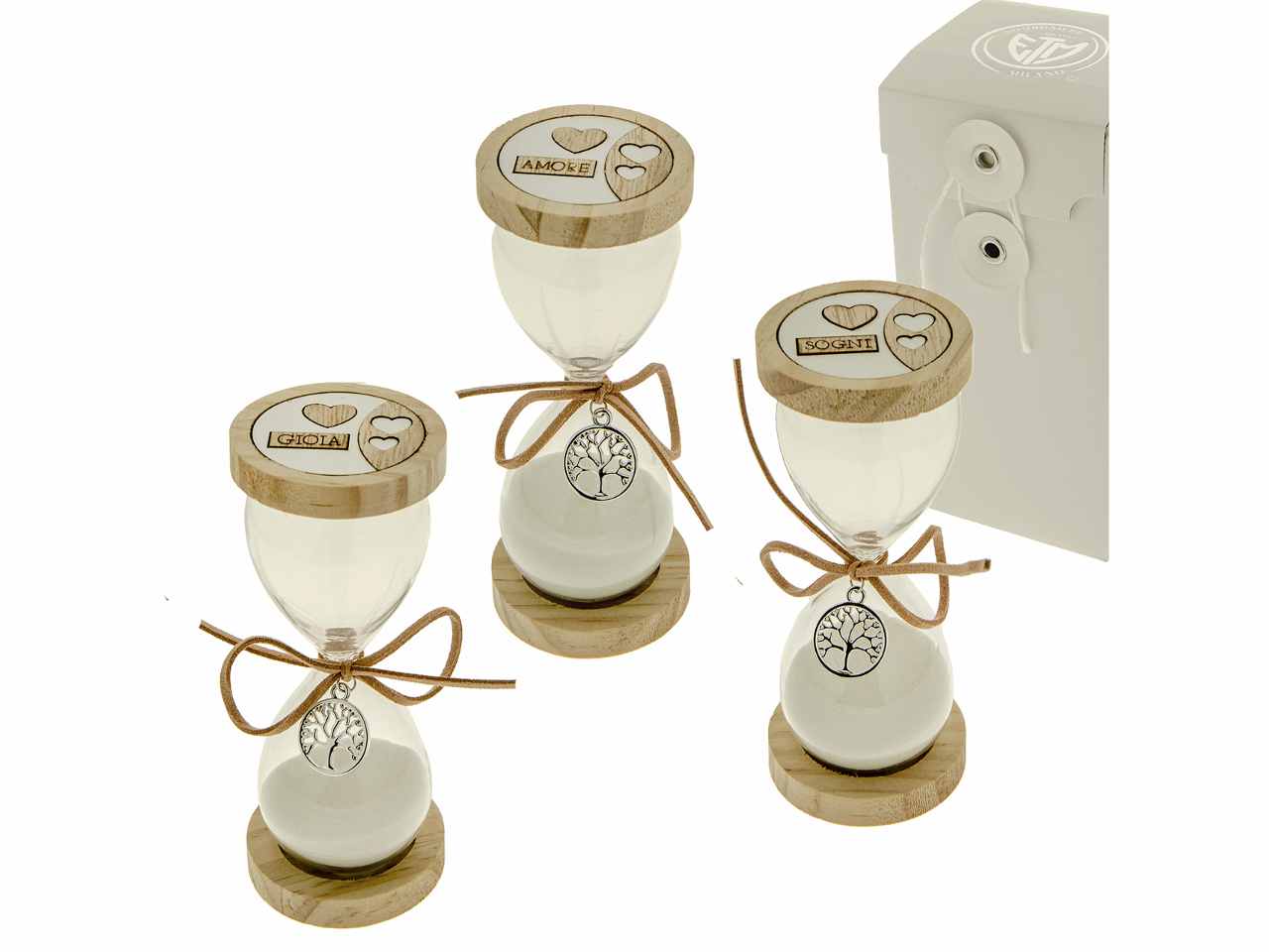 Clessidra in vetro, legno e zama con scritta in 3 assortimenti h13cm