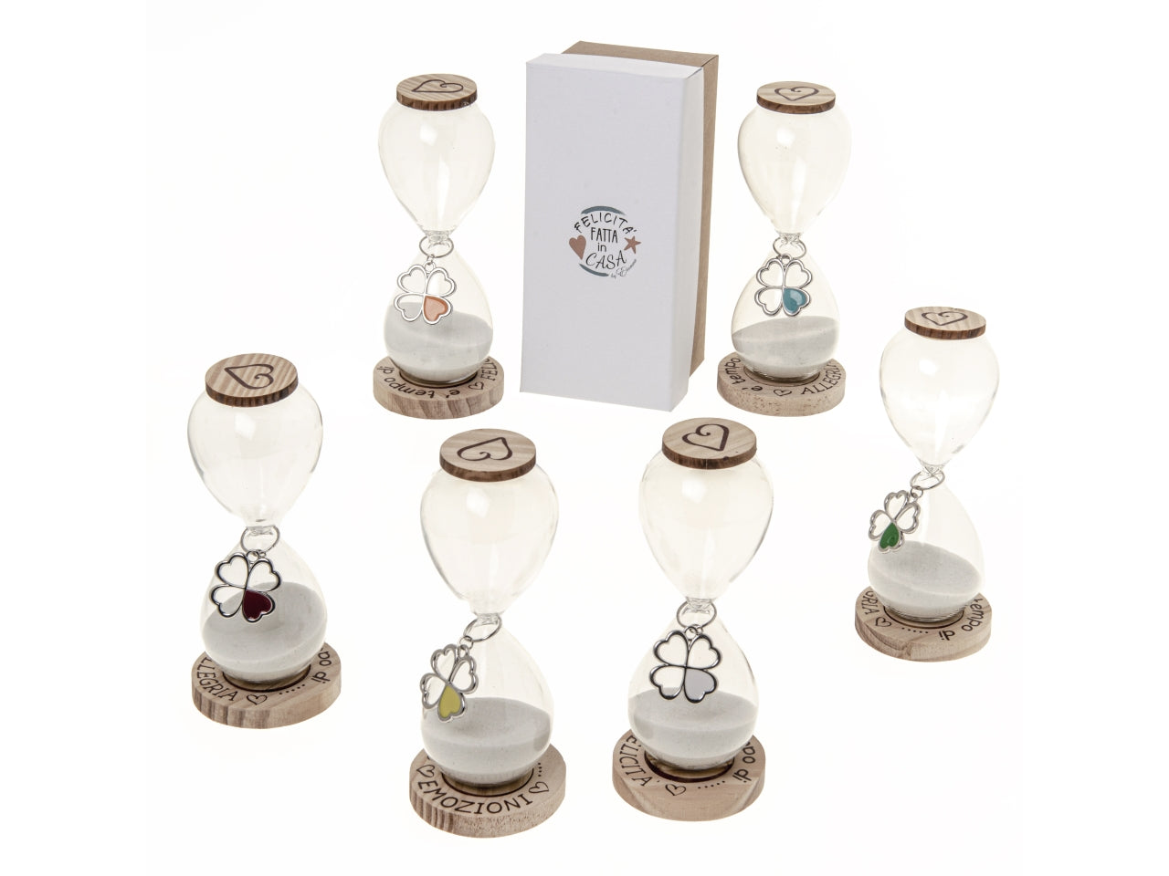 Bomboniera clessidra in vetro e legno - bianco e marrone con base con frase, idea regalo- 13,5cmx5,5cm - ETM