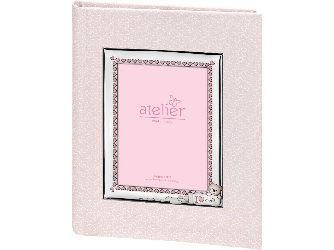 Album con cornice portofoto in argento rosa bomboniera nascita bambina, similpelle e argento con cuori, biberon e orsetto, stile kids per nascita e battesimo - 20x25 cm, portafoto 9x13 cm - Atelier