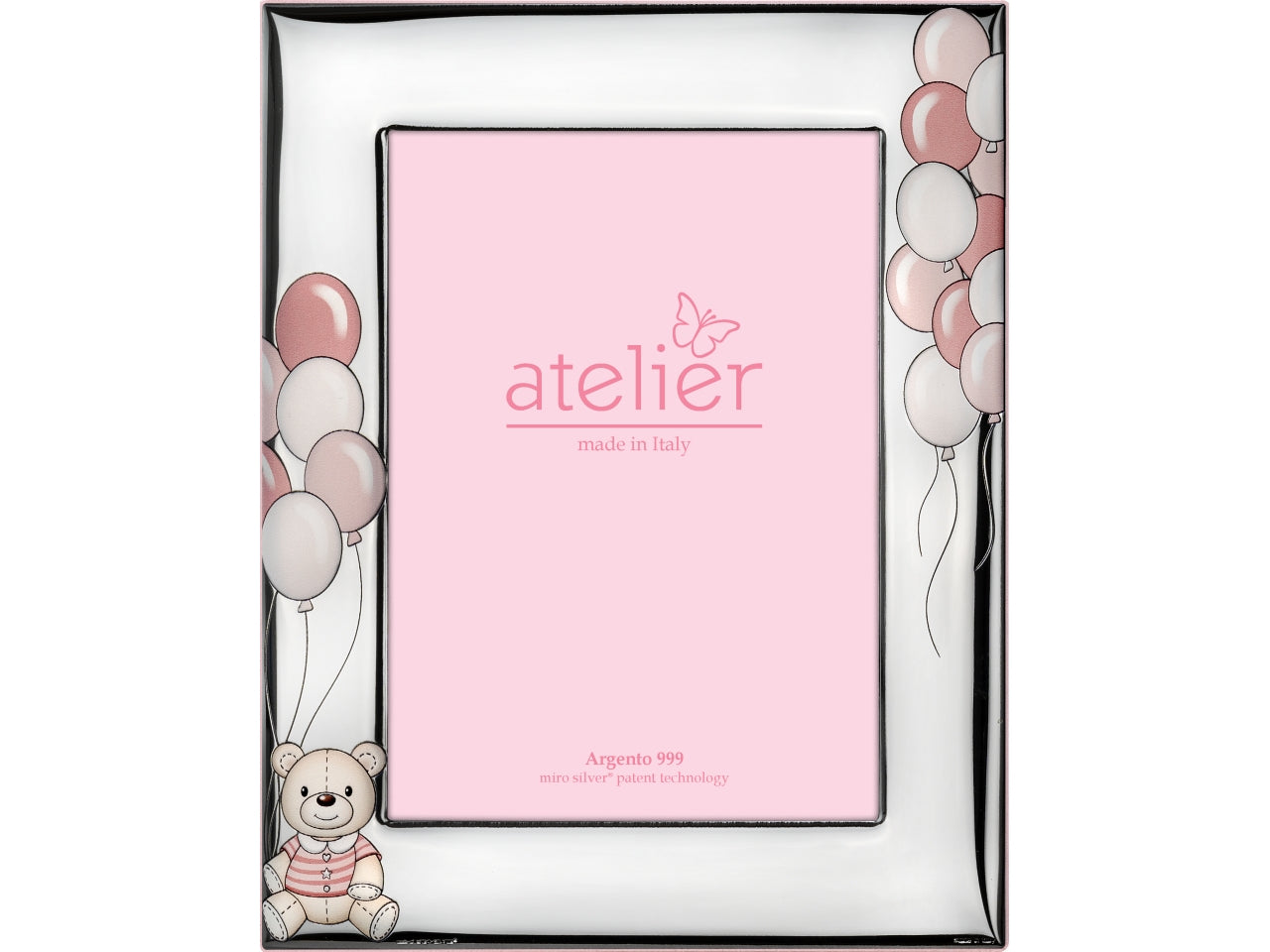 Cornice portafoto in argento, bomboniera nascita bimba con orsetto e palloncini rosa a rilievo - packaging scatola regalo - materiale argento 999 - evento nascita e battesimo - stile kids - 13x18cm - Atelier