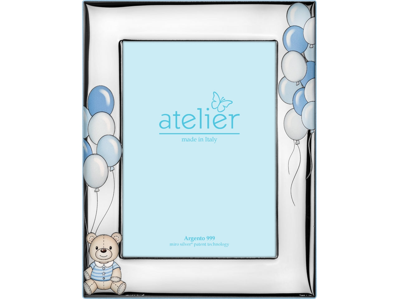 Cornice portafoto bomboniera nascita celeste in argento con dettagli orsetto e palloncini a rilievo, made in Italy, 9x13 cm - Atelier