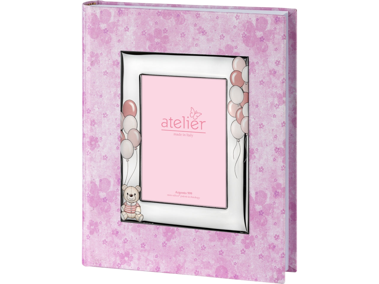 Album con cornice portafoto in argento, bomboniere nascita bambina, similpelle rosa e argento 999 con dettagli orsetti e palloncini, per nascita e battesimo stile kids - 20x25cm porta foto 9x13cm - Atelier
