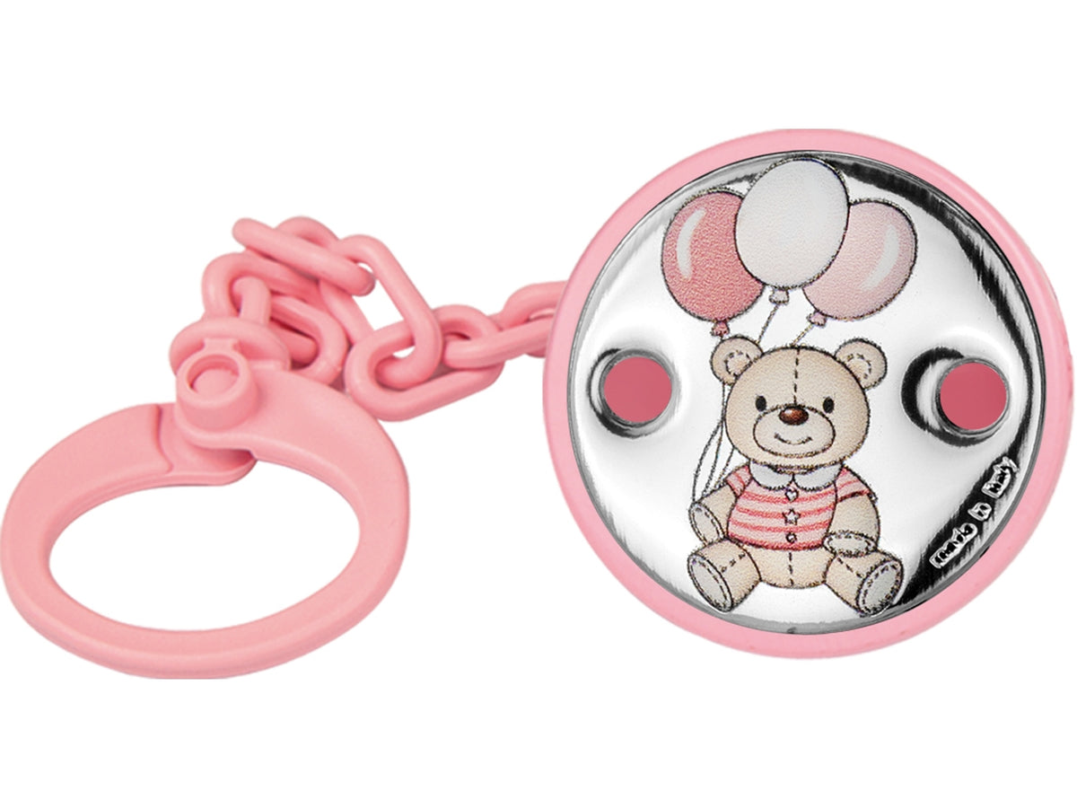 Catenella portaciuccio rosa bomboniera nascita bimba, in plastica e argento con orsetto e palloncini, stile kids, per nascita e battesimo - 20x4 cm - Atelier